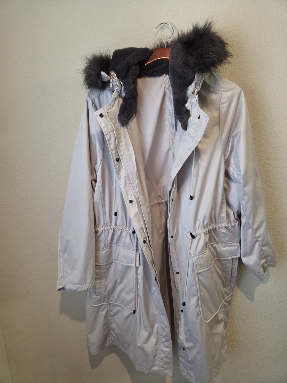 Torrid Light Gray Hooded Parka with Faux Fur Trim